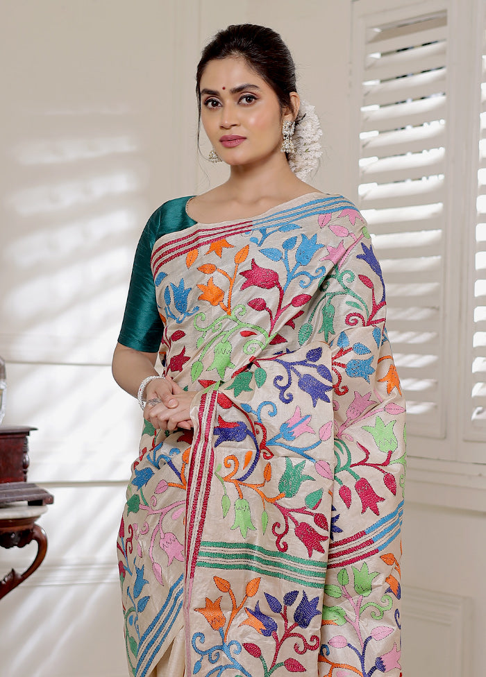 Cream Kantha Stitch Pure Silk Saree With Blouse Piece - Indian Silk House Agencies