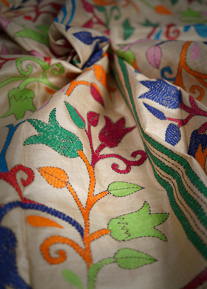 Cream Kantha Stitch Pure Silk Saree With Blouse Piece - Indian Silk House Agencies