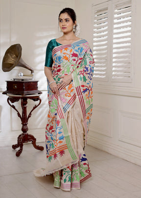 Cream Kantha Stitch Pure Silk Saree With Blouse Piece - Indian Silk House Agencies