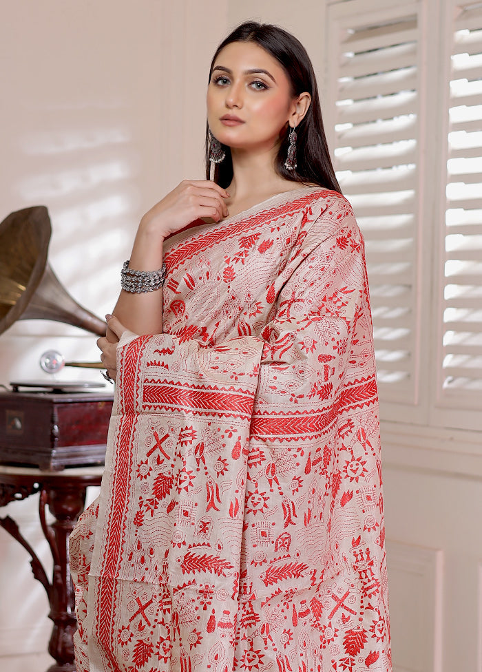 Cream Kantha Stitch Pure Silk Saree With Blouse Piece - Indian Silk House Agencies