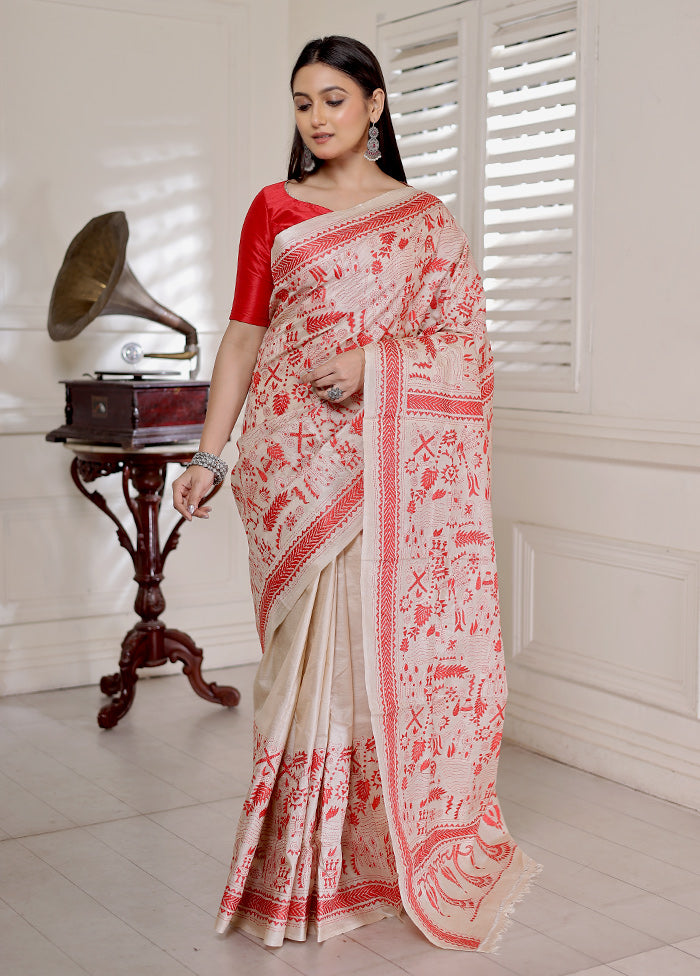 Cream Kantha Stitch Pure Silk Saree With Blouse Piece - Indian Silk House Agencies