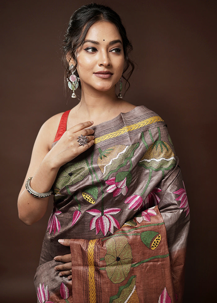 Brown Kantha Stitch Pure Silk Saree With Blouse Piece - Indian Silk House Agencies