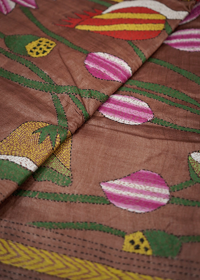 Brown Kantha Stitch Pure Silk Saree With Blouse Piece - Indian Silk House Agencies