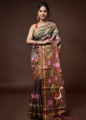 Brown Kantha Stitch Pure Silk Saree With Blouse Piece - Indian Silk House Agencies