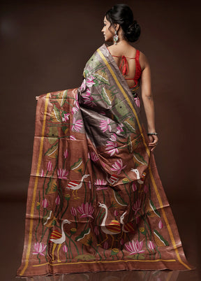 Brown Kantha Stitch Pure Silk Saree With Blouse Piece - Indian Silk House Agencies