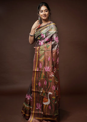 Brown Kantha Stitch Pure Silk Saree With Blouse Piece - Indian Silk House Agencies