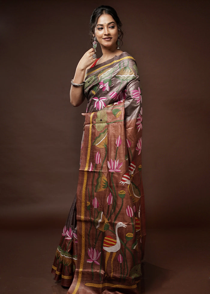 Brown Kantha Stitch Pure Silk Saree With Blouse Piece - Indian Silk House Agencies