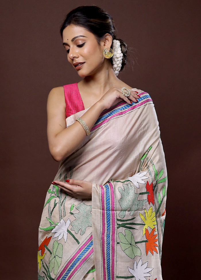 Cream Kantha Stitch Pure Silk Saree With Blouse Piece - Indian Silk House Agencies