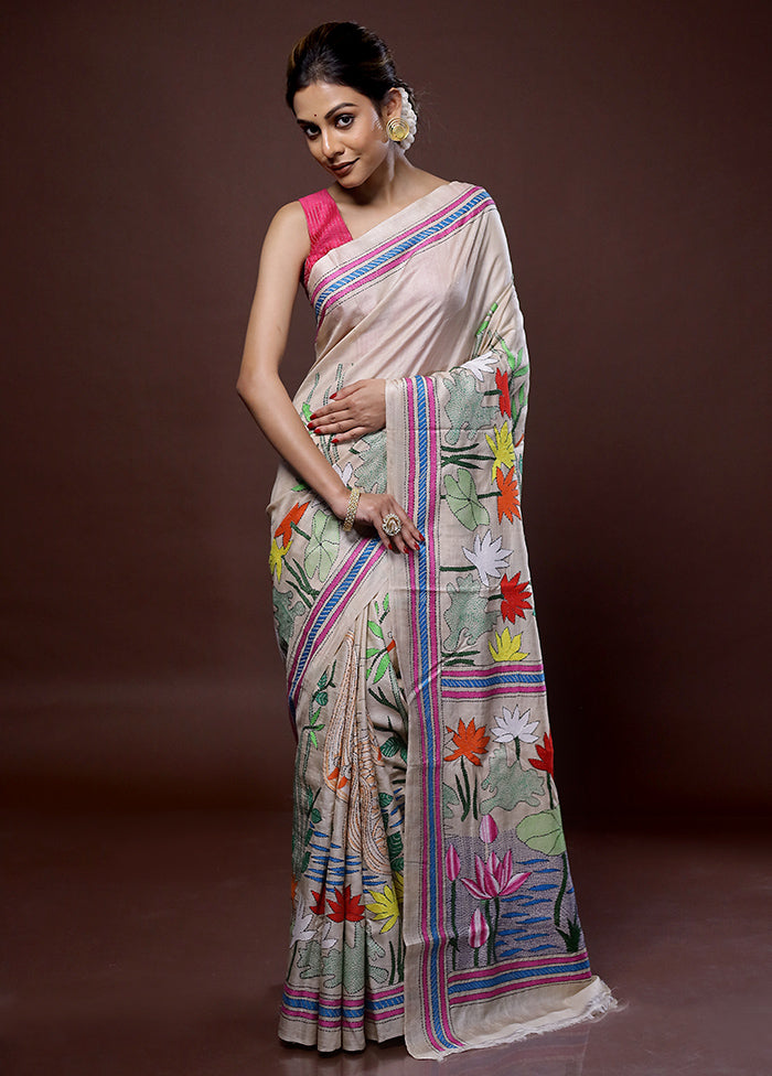 Cream Kantha Stitch Pure Silk Saree With Blouse Piece - Indian Silk House Agencies