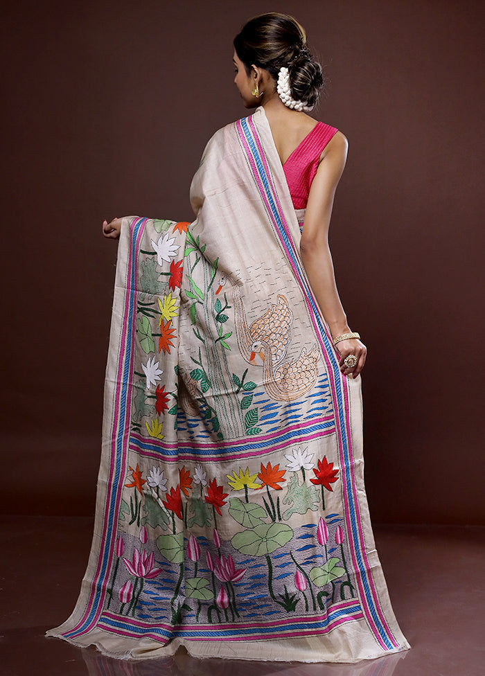 Cream Kantha Stitch Pure Silk Saree With Blouse Piece - Indian Silk House Agencies