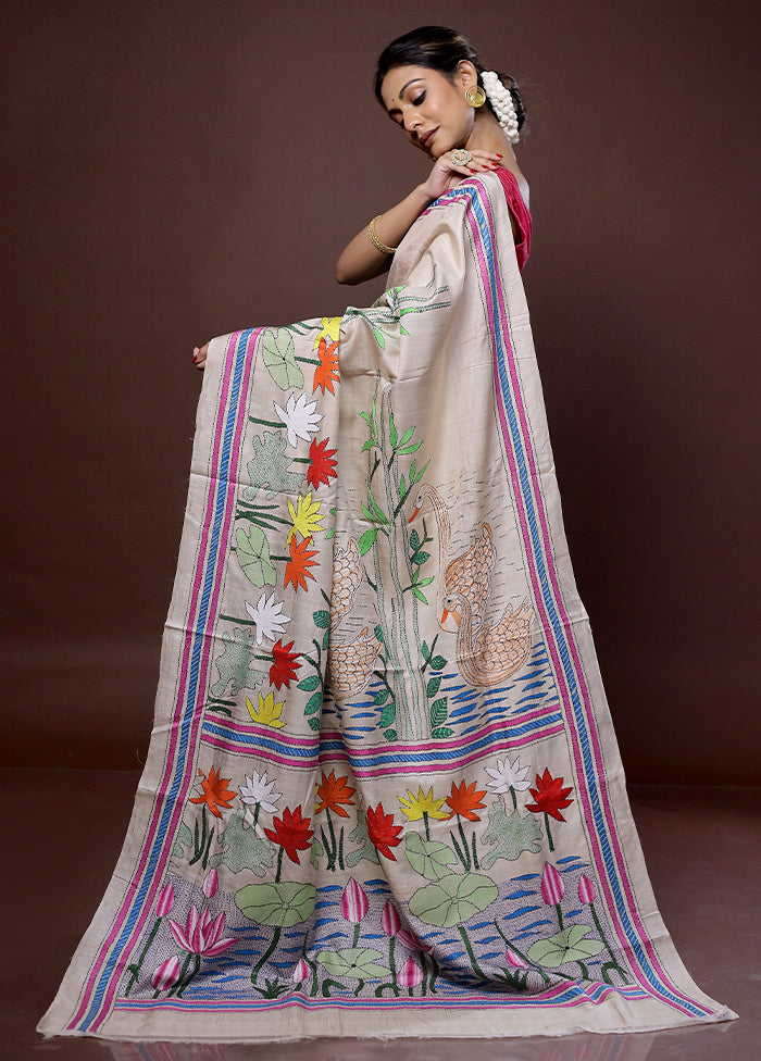 Cream Kantha Stitch Pure Silk Saree With Blouse Piece - Indian Silk House Agencies