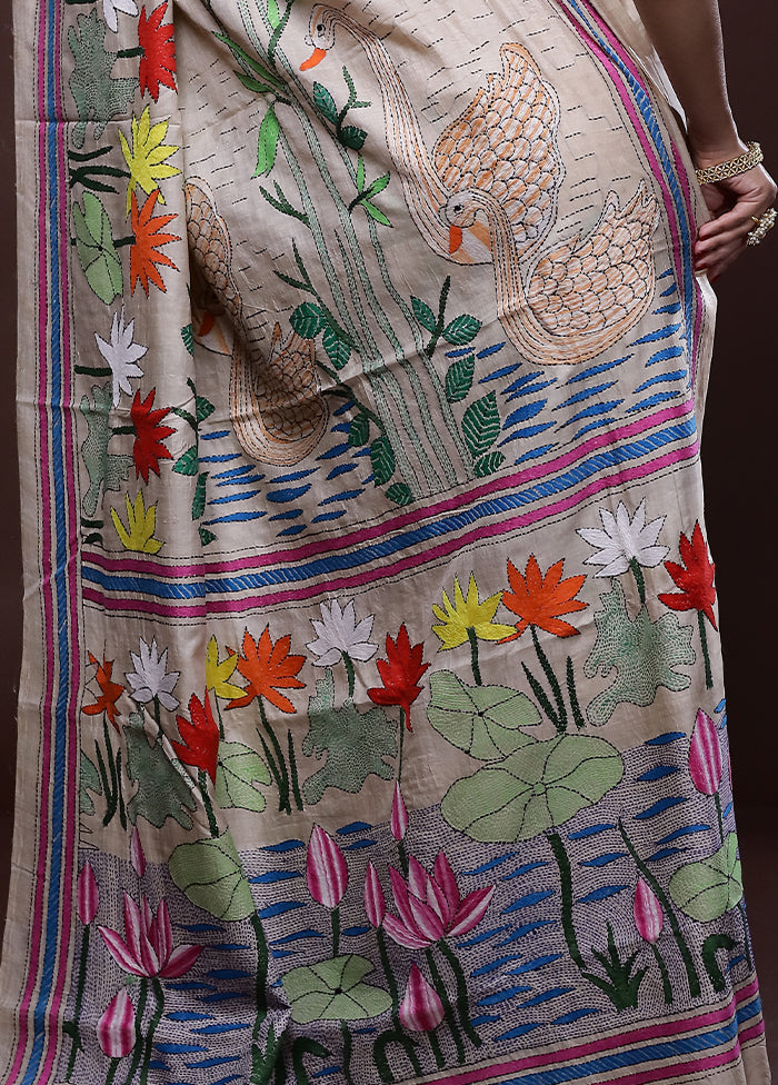 Cream Kantha Stitch Pure Silk Saree With Blouse Piece - Indian Silk House Agencies