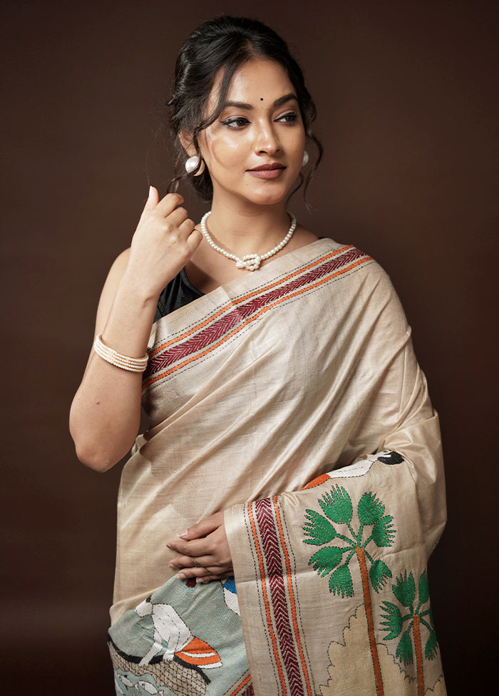 Cream Kantha Stitch Pure Silk Saree With Blouse Piece - Indian Silk House Agencies