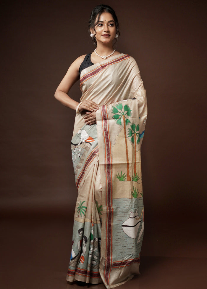 Cream Kantha Stitch Pure Silk Saree With Blouse Piece - Indian Silk House Agencies