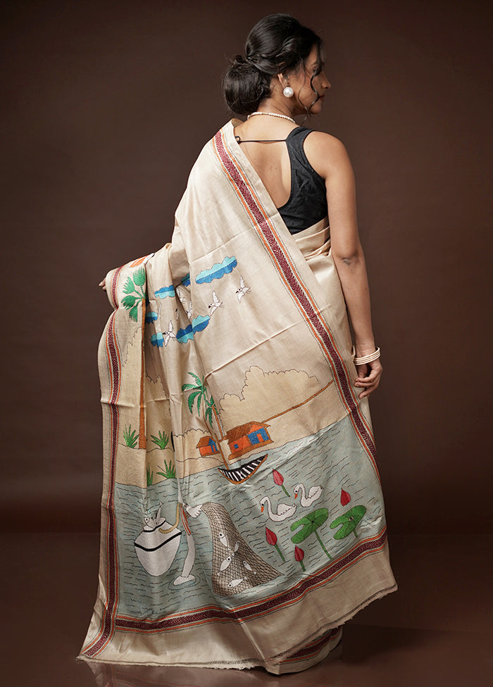 Cream Kantha Stitch Pure Silk Saree With Blouse Piece - Indian Silk House Agencies