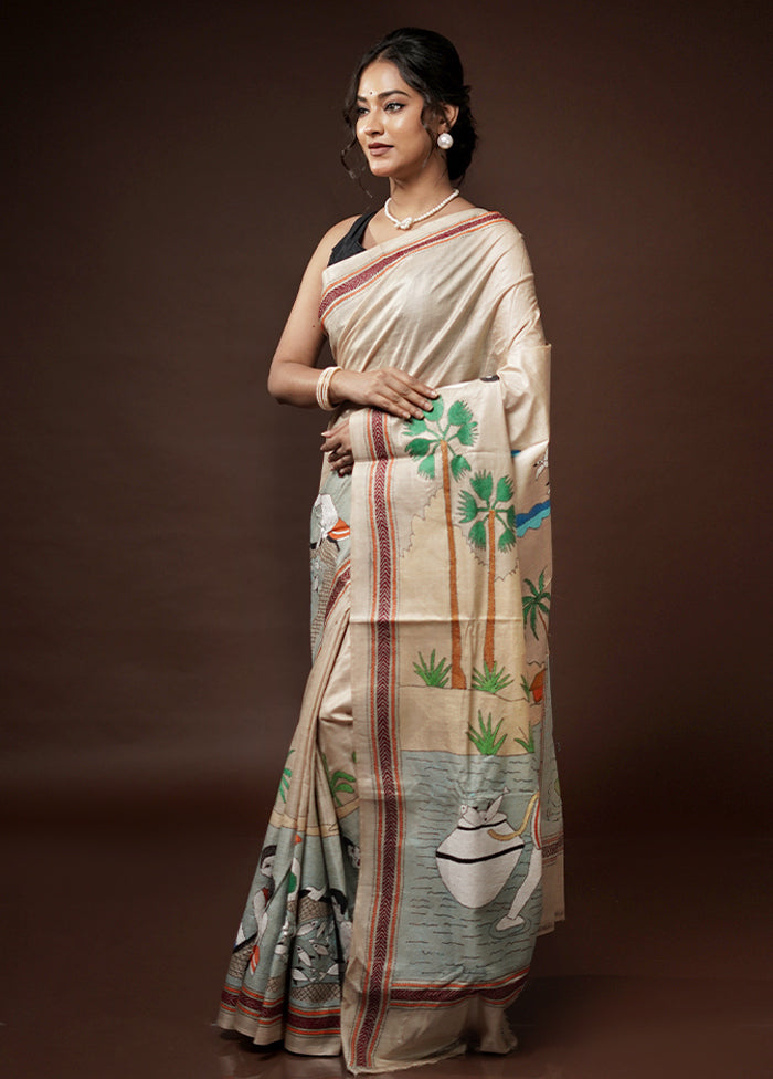 Cream Kantha Stitch Pure Silk Saree With Blouse Piece - Indian Silk House Agencies