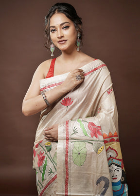 Cream Kantha Stitch Pure Silk Saree With Blouse Piece - Indian Silk House Agencies