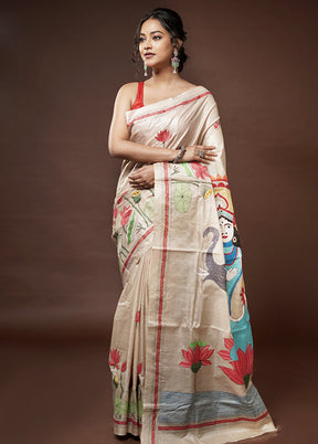 Cream Kantha Stitch Pure Silk Saree With Blouse Piece - Indian Silk House Agencies