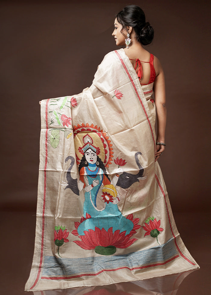 Cream Kantha Stitch Pure Silk Saree With Blouse Piece - Indian Silk House Agencies