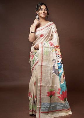 Cream Kantha Stitch Pure Silk Saree With Blouse Piece - Indian Silk House Agencies