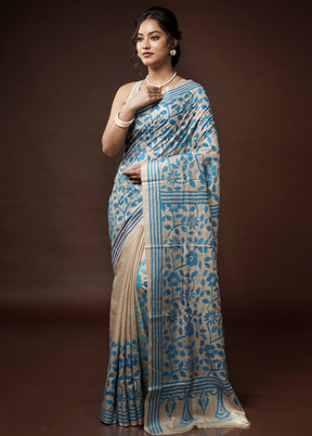 Cream Kantha Stitch Pure Silk Saree With Blouse Piece - Indian Silk House Agencies