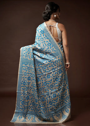 Cream Kantha Stitch Pure Silk Saree With Blouse Piece - Indian Silk House Agencies