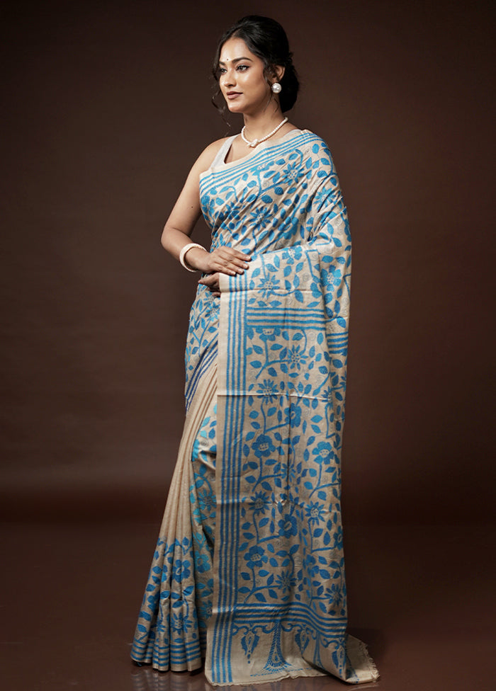 Cream Kantha Stitch Pure Silk Saree With Blouse Piece - Indian Silk House Agencies