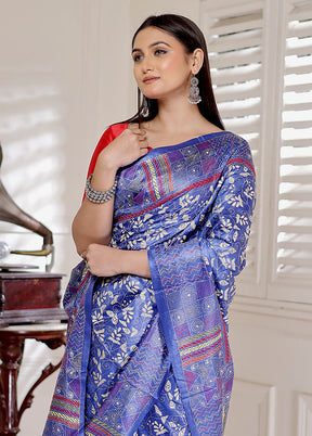 Blue Kantha Stitch Pure Silk Saree With Blouse Piece - Indian Silk House Agencies