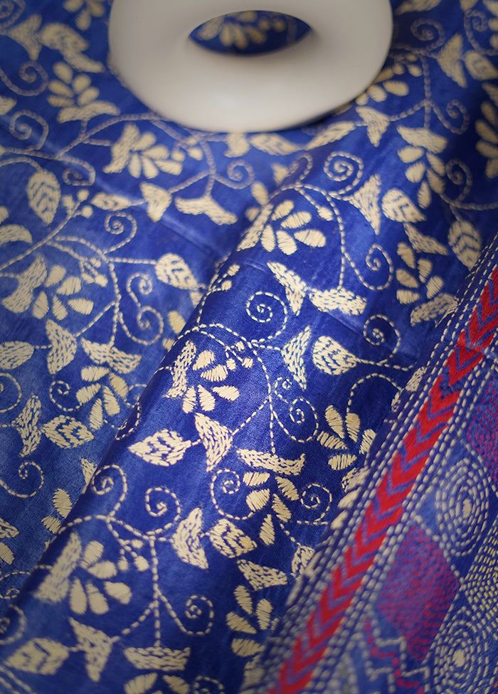 Blue Kantha Stitch Pure Silk Saree With Blouse Piece - Indian Silk House Agencies