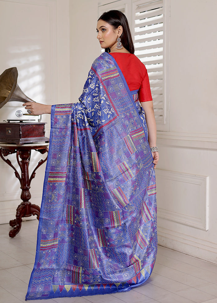 Blue Kantha Stitch Pure Silk Saree With Blouse Piece - Indian Silk House Agencies