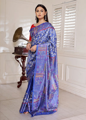 Blue Kantha Stitch Pure Silk Saree With Blouse Piece - Indian Silk House Agencies