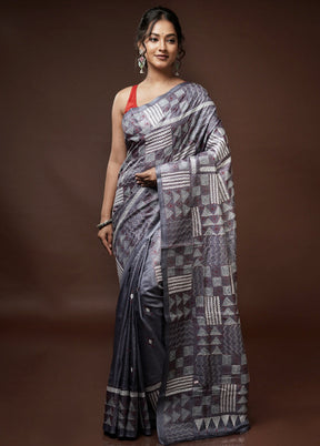 Grey Kantha Stitch Pure Silk Saree With Blouse Piece - Indian Silk House Agencies