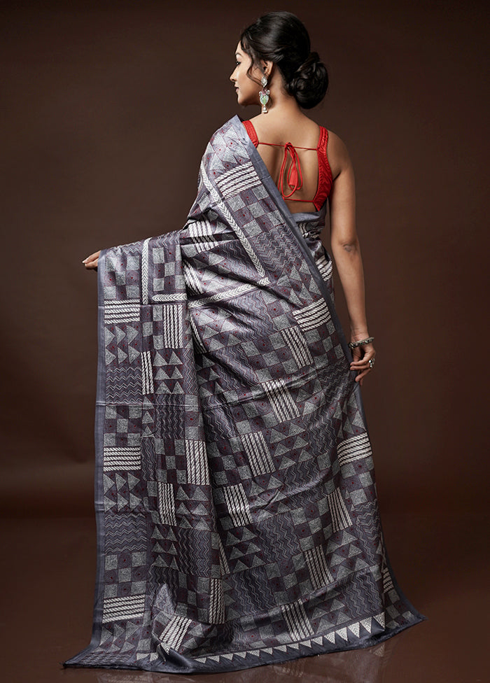 Grey Kantha Stitch Pure Silk Saree With Blouse Piece - Indian Silk House Agencies