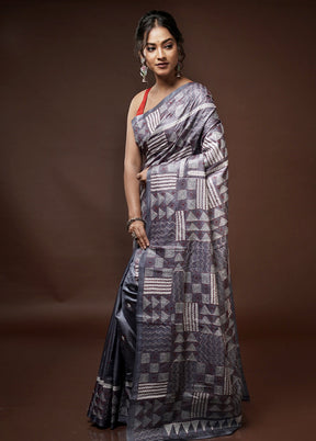 Grey Kantha Stitch Pure Silk Saree With Blouse Piece - Indian Silk House Agencies