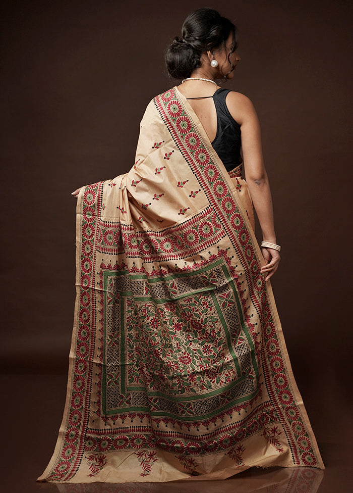 Cream Kantha Stitch Pure Silk Saree With Blouse Piece - Indian Silk House Agencies