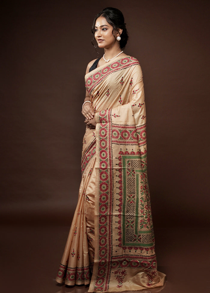 Cream Kantha Stitch Pure Silk Saree With Blouse Piece - Indian Silk House Agencies