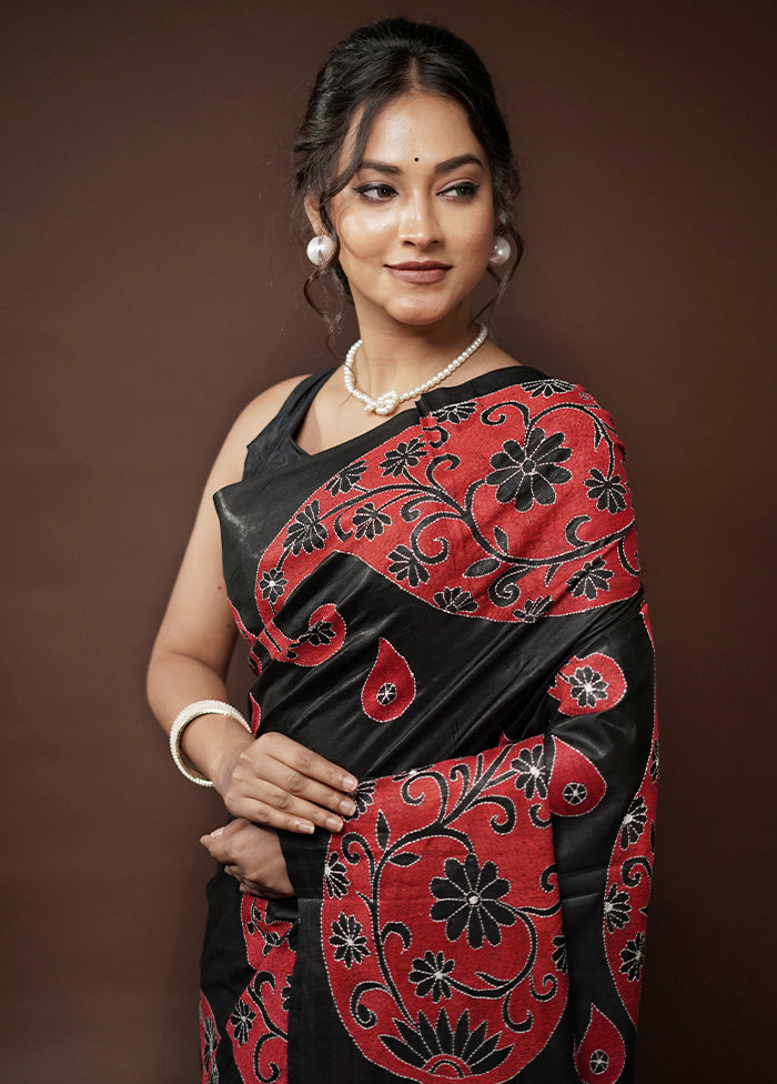 Black Kantha Stitch Pure Silk Saree With Blouse Piece - Indian Silk House Agencies