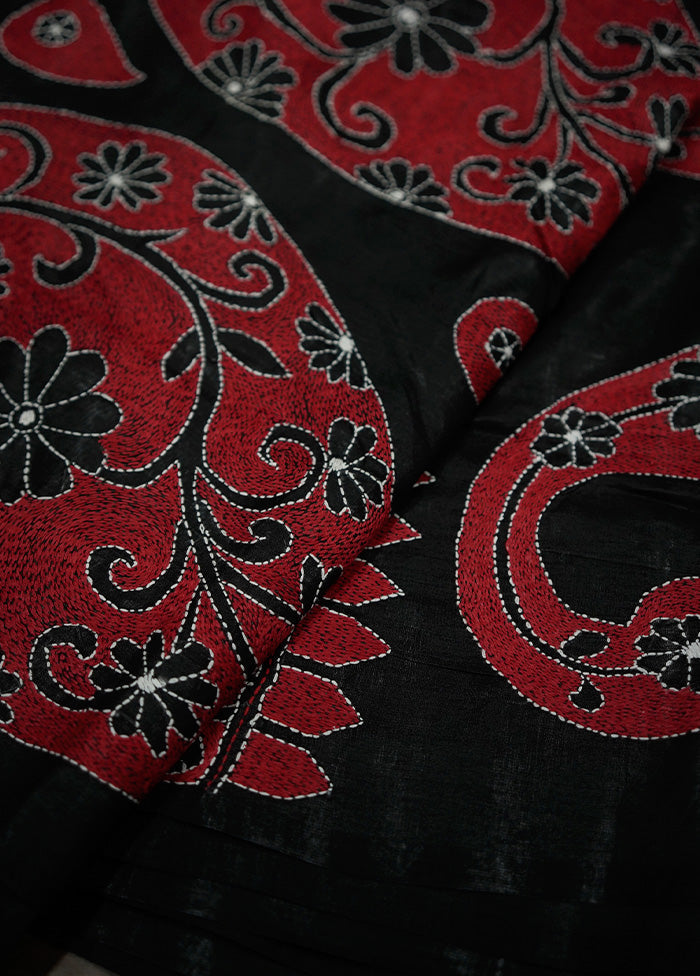 Black Kantha Stitch Pure Silk Saree With Blouse Piece - Indian Silk House Agencies