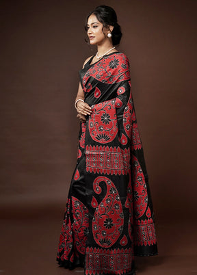 Black Kantha Stitch Pure Silk Saree With Blouse Piece - Indian Silk House Agencies