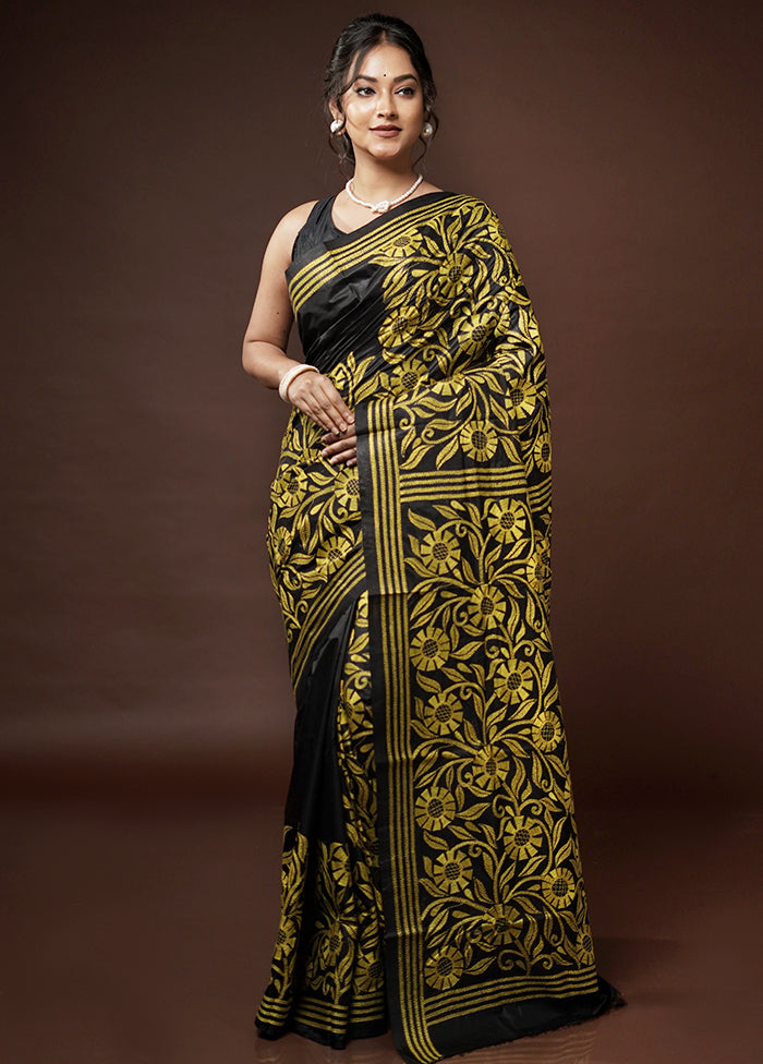 Black Kantha Stitch Pure Silk Saree With Blouse Piece - Indian Silk House Agencies