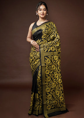 Black Kantha Stitch Pure Silk Saree With Blouse Piece - Indian Silk House Agencies