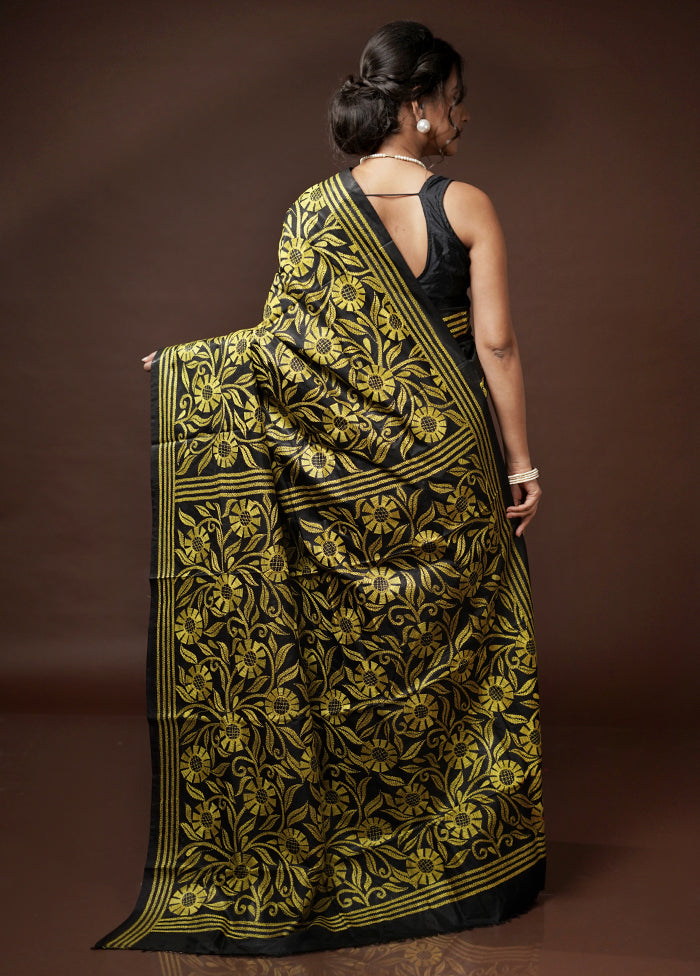 Black Kantha Stitch Pure Silk Saree With Blouse Piece - Indian Silk House Agencies