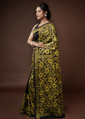 Black Kantha Stitch Pure Silk Saree With Blouse Piece - Indian Silk House Agencies