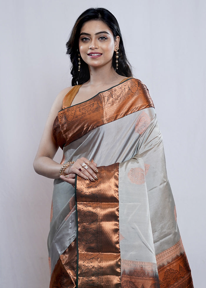 Grey Kanjivaram Pure Silk Saree With Blouse Piece - Indian Silk House Agencies