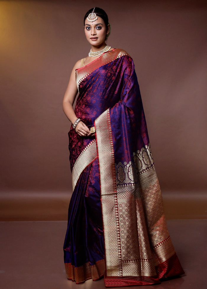 Purple Handloom Jamewar Pure Silk Saree With Blouse Piece