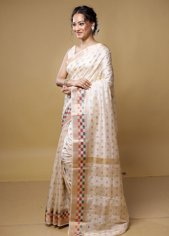 Cream Dupion Silk Saree With Blouse Piece