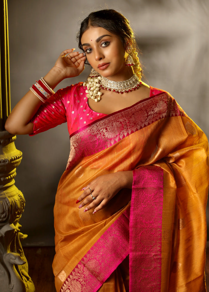 Yellow Tussar Pure Silk Saree With Blouse Piece - Indian Silk House Agencies