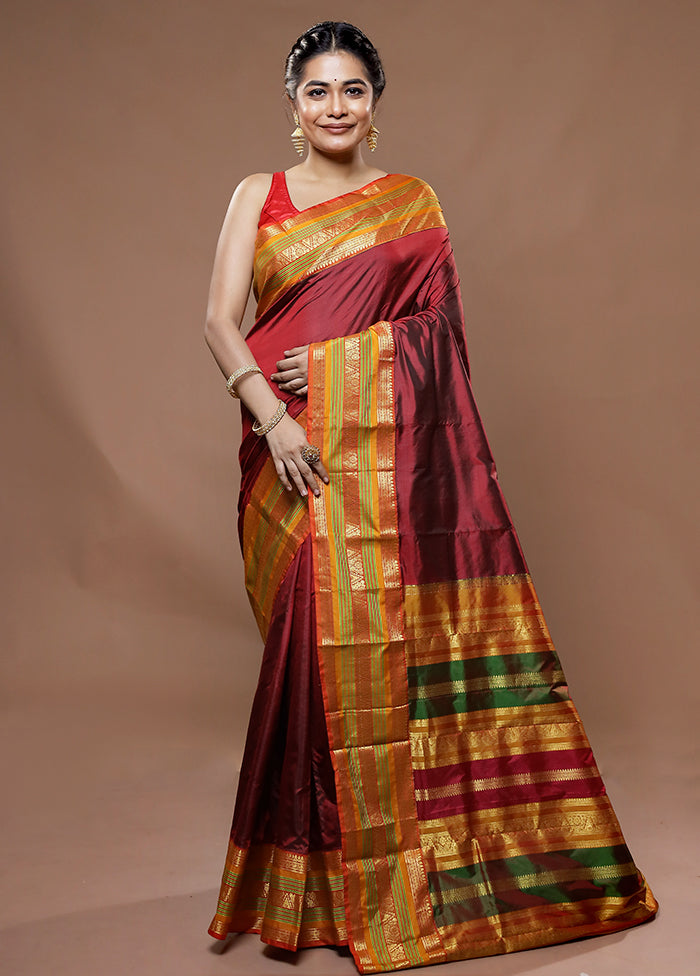 Maroon Kanjivaram Pure Silk Saree With Blouse Piece - Indian Silk House Agencies