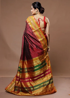 Maroon Kanjivaram Pure Silk Saree With Blouse Piece - Indian Silk House Agencies