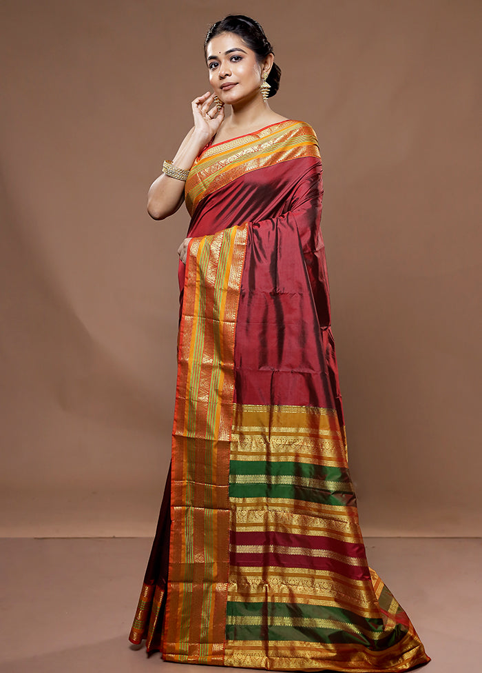 Maroon Kanjivaram Pure Silk Saree With Blouse Piece - Indian Silk House Agencies